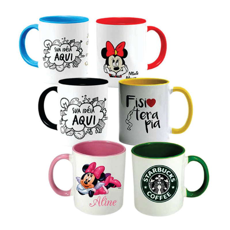 CANECA BRANCA DE CERÂMICA COM ALÇA E INTERIOR COLORIDA  PERSONALIZADA